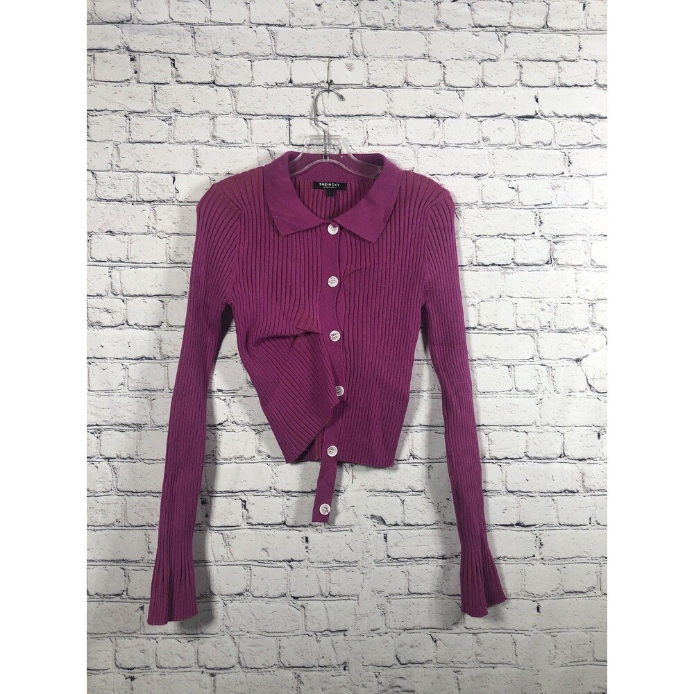 Shein SXY Women's Ribbed Cardigan Sweater Button Front Collar Magenta Purple L